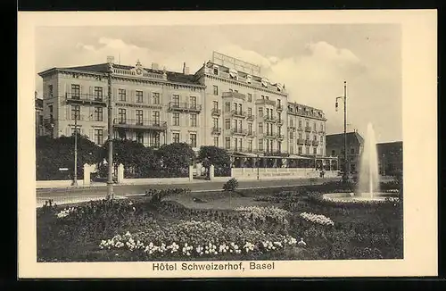AK Basel, Hotel Schweizerhof mit Fontäne