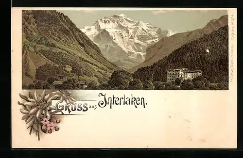 Lithographie Interlaken, Panorama mit Hotel