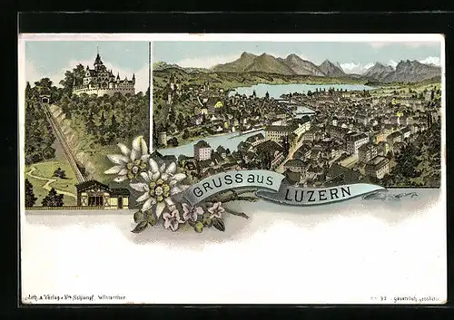 Lithographie Luzern, Teilansicht, Schloss und Bergbahn