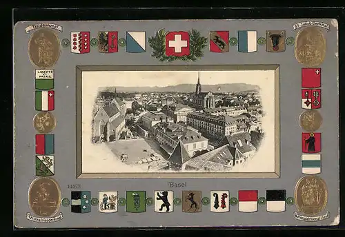 AK Basel, Teilansicht mit Kirche, Telldenkmal, Winkelrieddenkmal, St. Jakob-Denkmal, Passepartout