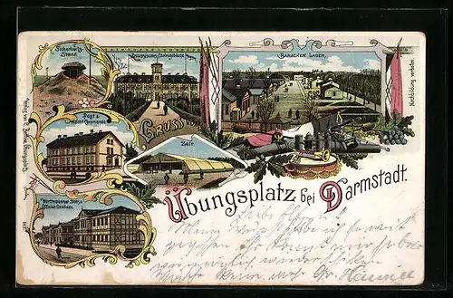 Lithographie Darmstadt, Übungsplatz: Baracken-Lager, Preussisches Stabsgebäude, Post & Wacht-Commando