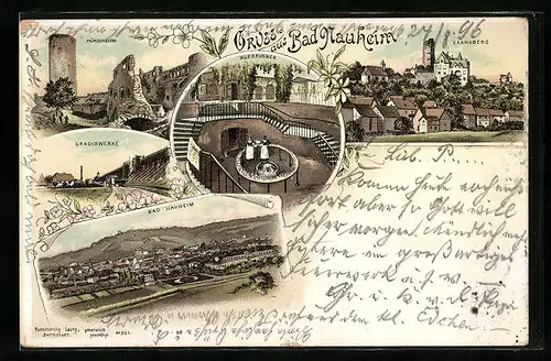 Lithographie Bad Nauheim, Gradirwerke, Münzenberg, Cransberg