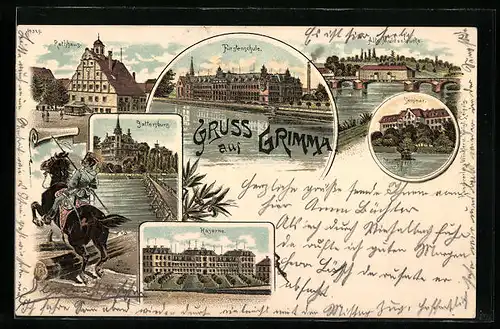 Lithographie Grimma, Rathaus, Fürstenschule, Kaserne