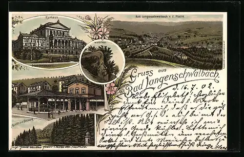 Lithographie Bad Langenschwalbach, Ortsansicht mit Kurhaus und Stahlbrunnen