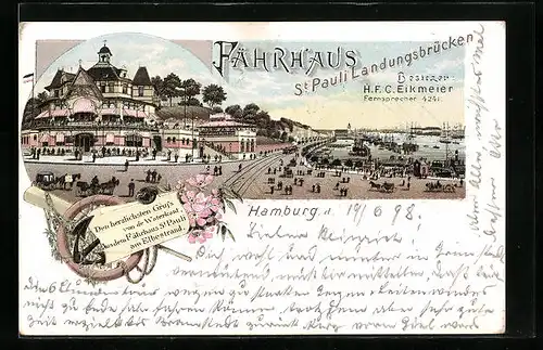 Lithographie Hamburg-St. Pauli, Blick auf die Landungsbrücken