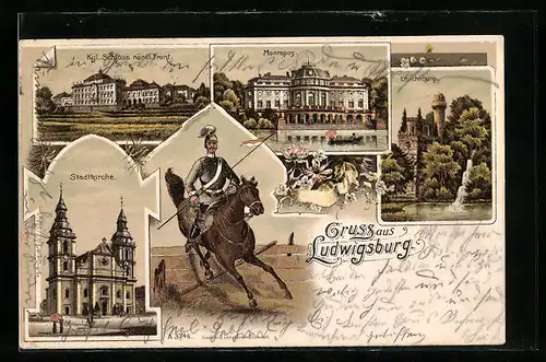 Lithographie Ludwigsburg, Monrepos, Stadtkirche, Kgl. Schloss