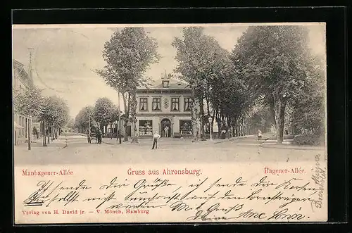AK Ahrensburg, Manhagener-Allee mit Geschäft
