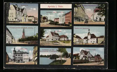 AK Apolda i. Thür., Sparkasse, Markt mit Rathaus, Carolinenheim