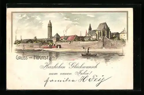 Lithographie Frankfurt-Höchst, Flusspartie mit Dampfer