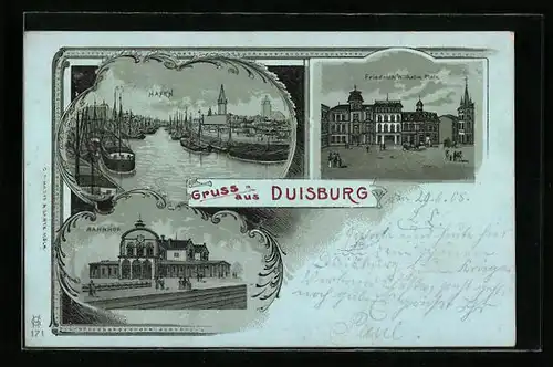 Lithographie Duisburg, Hafen, Friedrich Wilhelm Park, Bahnhof