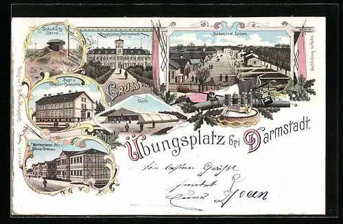 Lithographie Darmstadt, Übungsplatz - Baracken Lager, Sicherheits-Stand, Post & Wacht-Commando