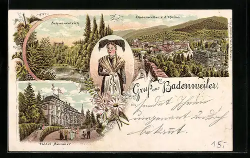 Lithographie Badenweiler, Frau mit Haarschleife, Schwanenteich, Hotel Sommer, Totalansicht