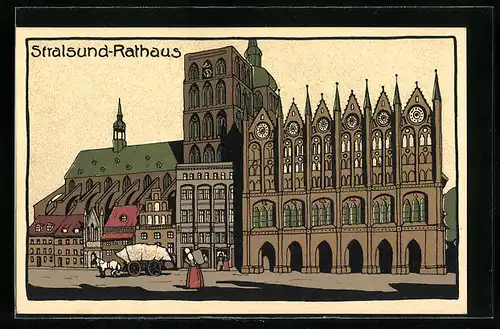 Steindruck-AK Stralsund, Rathaus mit Kutsche