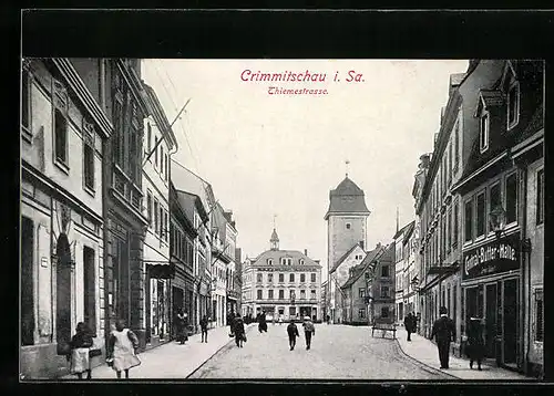 AK Crimmitschau i. S., Thiemestrasse mit Anwohnern