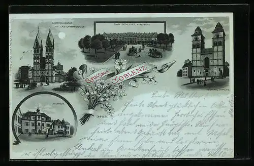 Mondschein-Lithographie Coblenz, Castorkirche und Kaufhaus