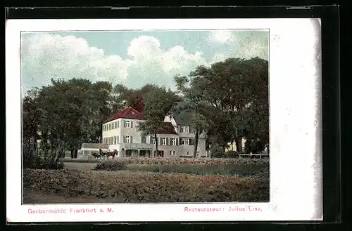 AK Frankfurt-Oberrad, Blick auf die Gerbermühle mit Pferdekutsche