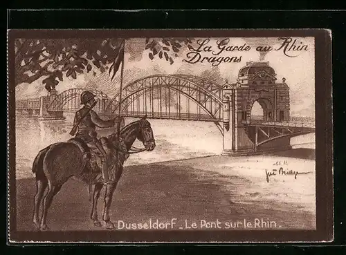 AK Düsseldorf, le Pont sur le Rhin, La Garde au Rhin Dragons