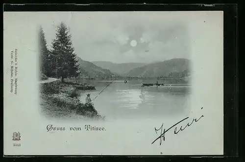 Mondschein-AK Titisee, Angler auf dem Titisee