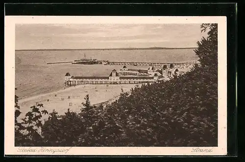 AK Heringsdorf, Blick über den Strand zu den Seebrücken