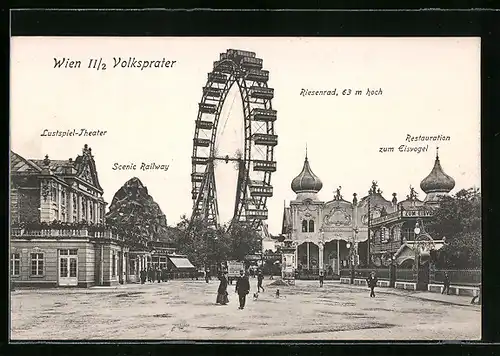 AK Wien, II /2 Volksprater, Restaurant zum Eisvogel, Riesenrad, Lustspiel-Theater, Scenic Railway