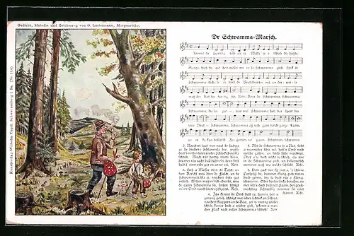 Künstler-AK Lied Dr Schwamma-Marsch, Vater mit Sohn im Wald