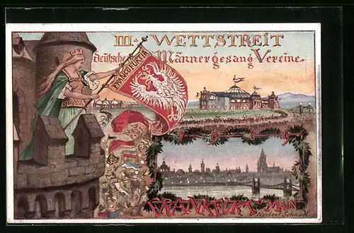 Künstler-AK Frankfurt a. M., III. Wettstreit Deutscher Männergesang Vereine 1909, Germania mit Standarte Francofurtia