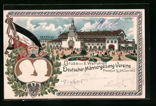 Präge-Lithographie Frankfurt a. M., II. Wettstreit Deutscher Männergesangs-Vereine 3.-6. Juni 1903, Konterfei Kaiserpaar