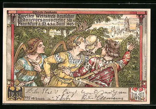 Künstler-AK Frankfurt a. M., Zweiter Wettstreit deutscher Männergesangsvereine 4.-6. Juni 1903, Barden mit Harfen