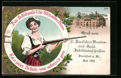 AK Frankfurt a. M., 17. Deutsches Bundes- und Gold. Jubiläumsschiessen Juli 1912, Dame mit Gewehr, Schützenfest