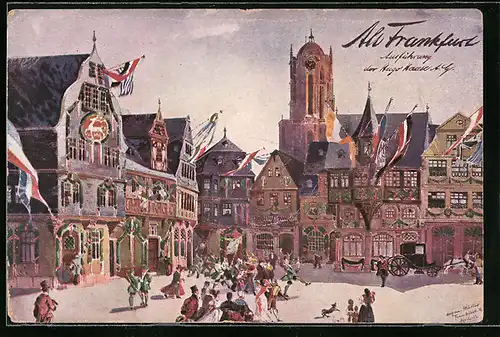 Künstler-AK Frankfurt a. M., 17. Deutsches Bundes- und Goldenes Jubiläums-Schiessen 1912, Alt-Frankfurt, Festplatz