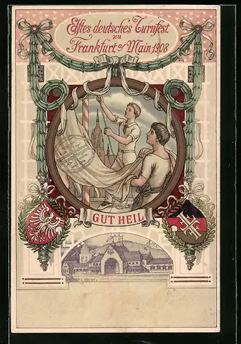 Künstler-AK Frankfurt a. M., XI. Deutsches Turnfest 1908, Turner beim Hissen der Flagge