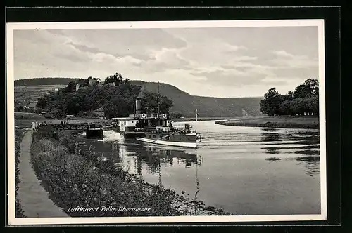 AK Polle /Oberweser, Blick über den Fluss mit Dampfer