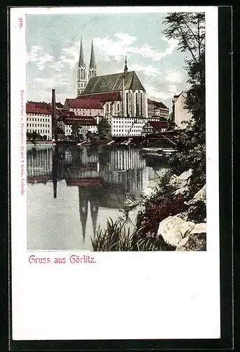 AK Görlitz, Blick übers Wasser zur Kirche