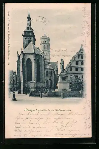 AK Stuttgart, Stadtkirche mit Schillerdenkmal