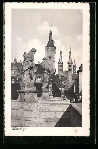 AK Würzburg, Blick von einer Brücke zum Dom
