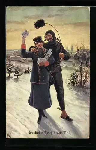 AK Schornsteinfeger und Briefträgerin im Schnee
