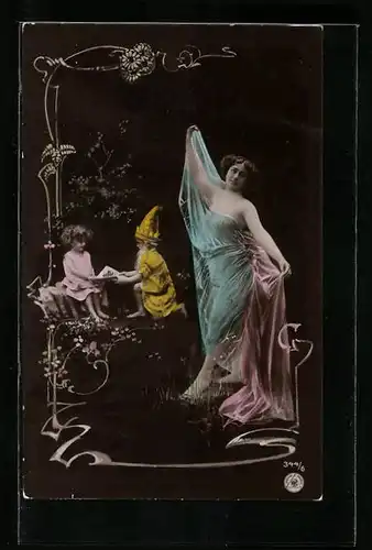 AK Elegante Dame und Zwerg mit Kind