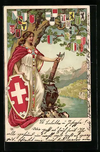 AK Helvetia vor Baum mit Wappen der Kantone