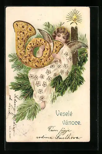 AK Weihnachtsengel mit Lebkuchen in Form eines Posthorns