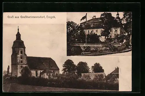 AK Grosshartmannsdorf /Erzgeb., Blick auf Kirche und Wohnhaus