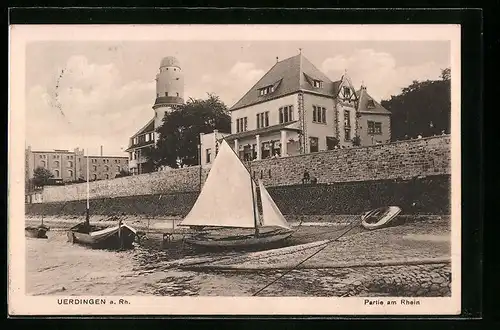 AK Uerdingen a. Rh., Partie am Rhein mit Segelschiff und Gasthaus Rheinschlösschen