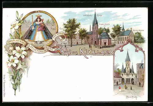Lithographie Kevelaer, Kerzen-Kapelle und Pfarrkirche