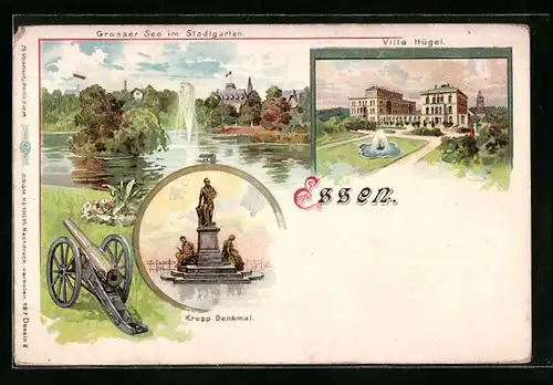 Lithographie Essen, Krupp Denkmal und Villa Hügel