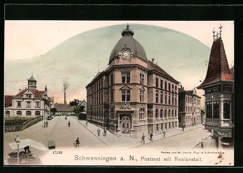 Lithographie Schwenningen a. N., Postamt mit Realanstalt