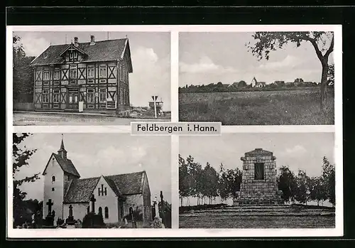 AK Feldbergen i. Hann., Blick auf Kirche und Denkmal