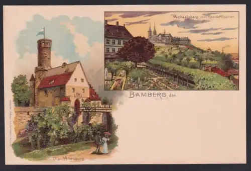 Lithographie Bamberg, Michaelsberg und Die Altenburg