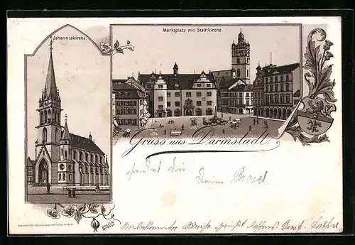 Lithographie Darmstadt, Marktplatz mit Stadtkirche und Johanniskirche