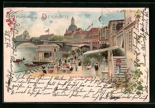 Lithographie Dresden, Spaziergänger an Helbig`s Etablissement