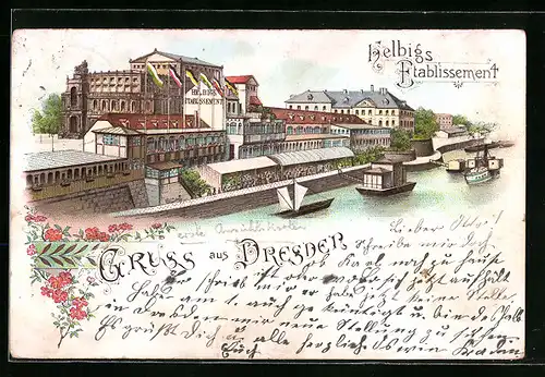 Lithographie Dresden, Helbig`s Etablissement mit Schiffen