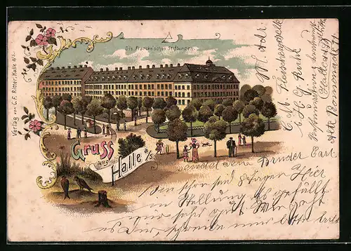 Lithographie Halle a. S., Blick auf die Francke`schen Stiftungen